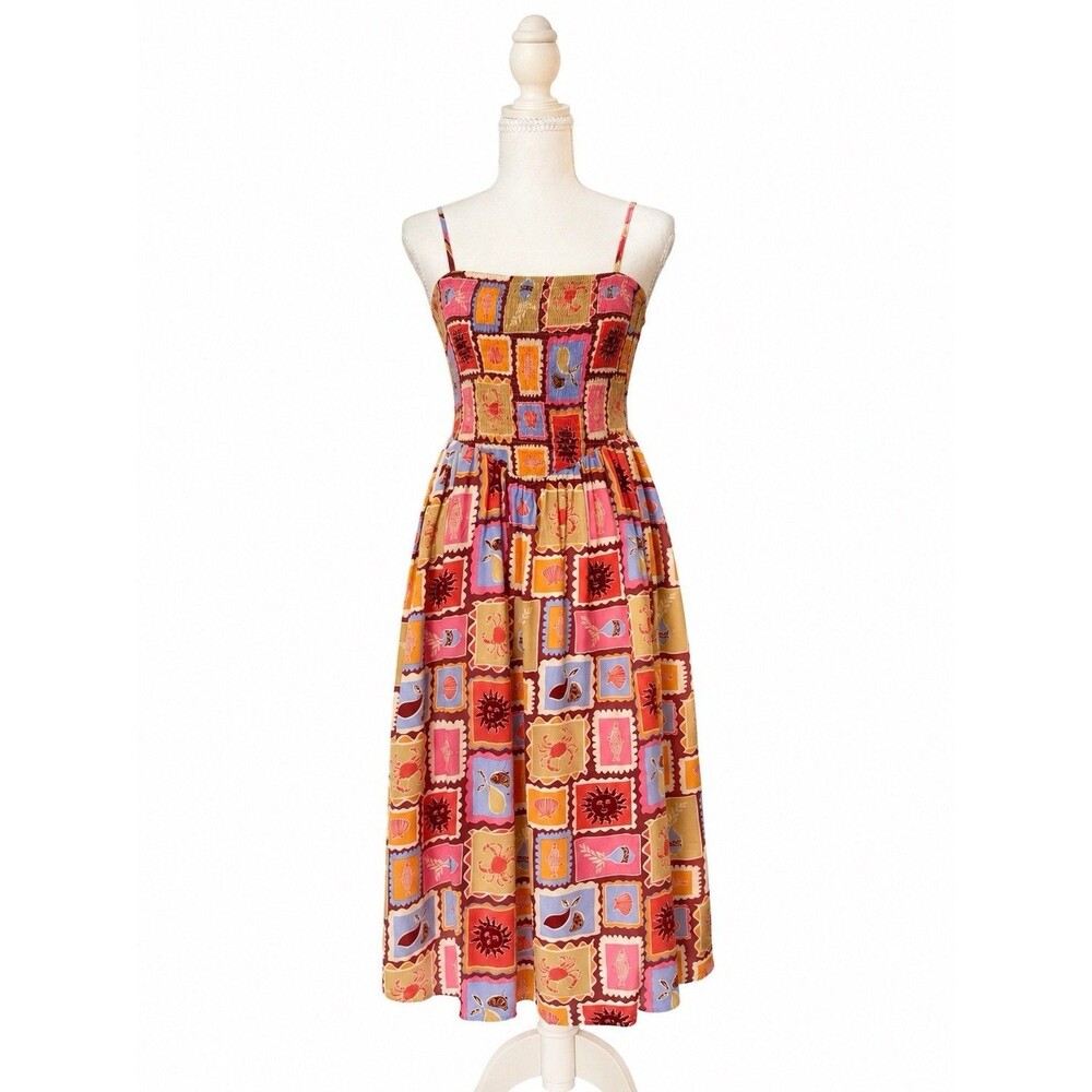 Mediterranean Coastal Smocked Midi Sundress Citrus Sun Novelty Print Dress S